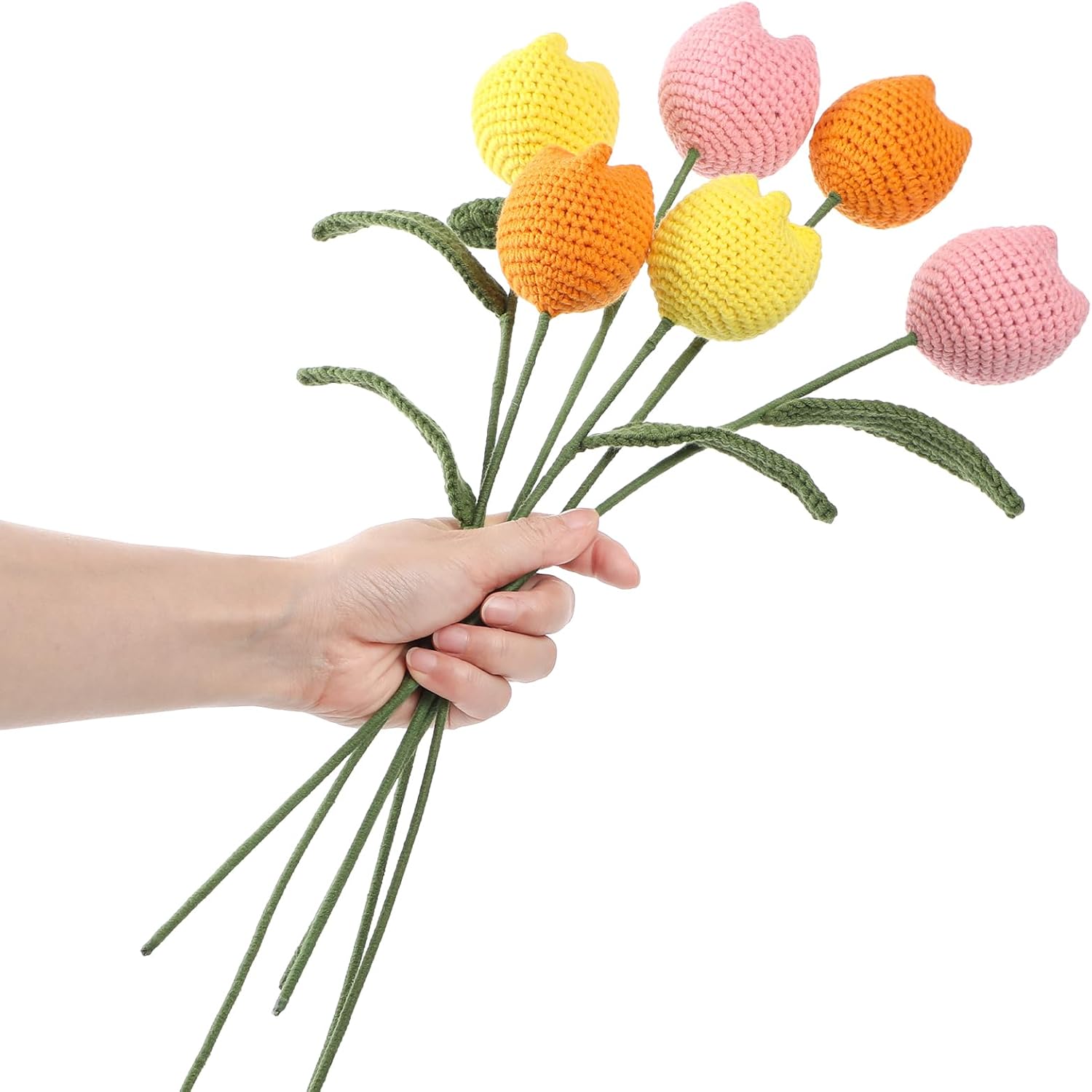 Aeekkya Crochet Tulips Bouquet, Handmade Yarn Flowers, Long Lasting Artificial Crochet Floral Arrangement for Vase, Home or Office Decor, Gift for Mom, Wife, Mother’s Day, Birthday, Anniversary