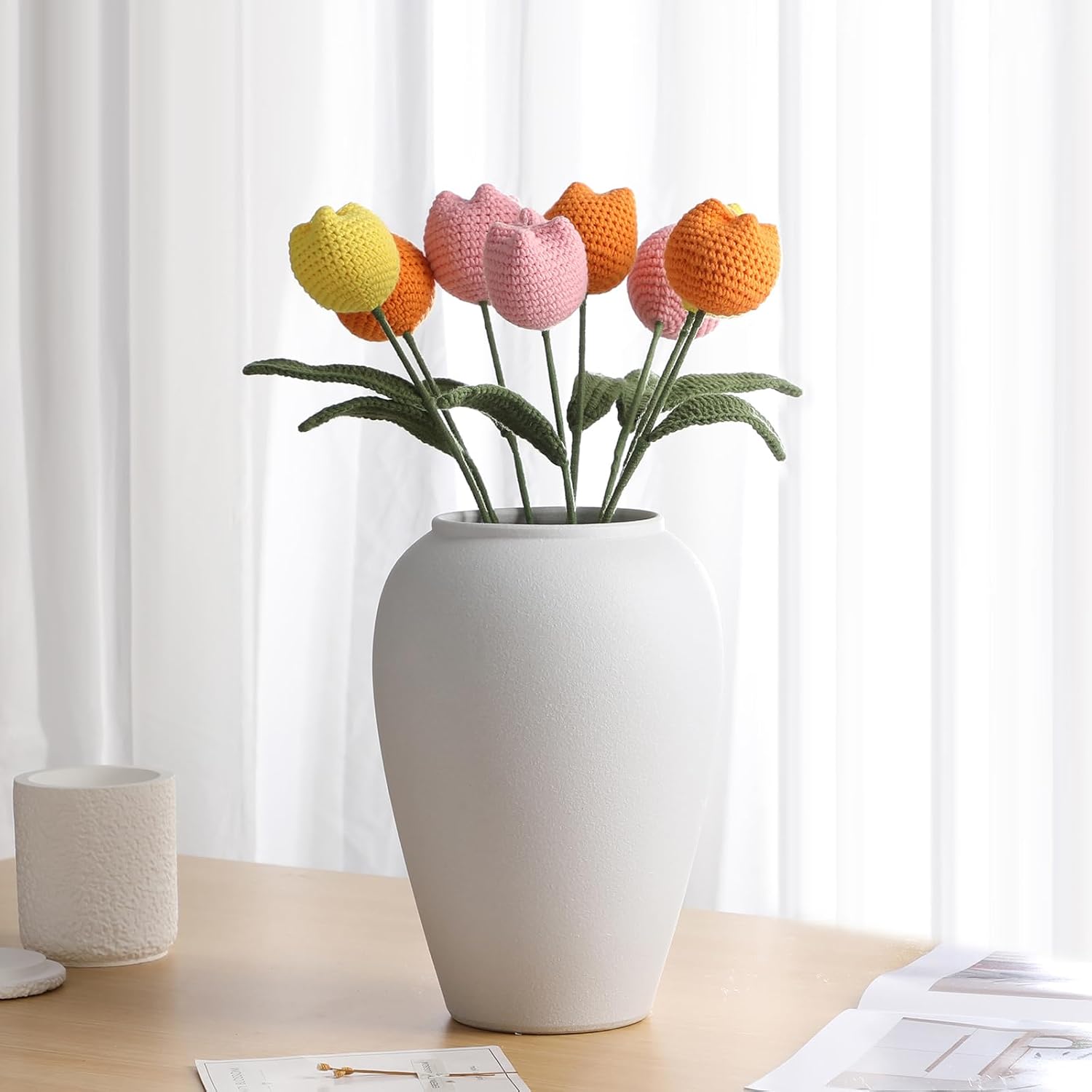 Aeekkya Crochet Tulips Bouquet, Handmade Yarn Flowers, Long Lasting Artificial Crochet Floral Arrangement for Vase, Home or Office Decor, Gift for Mom, Wife, Mother’s Day, Birthday, Anniversary