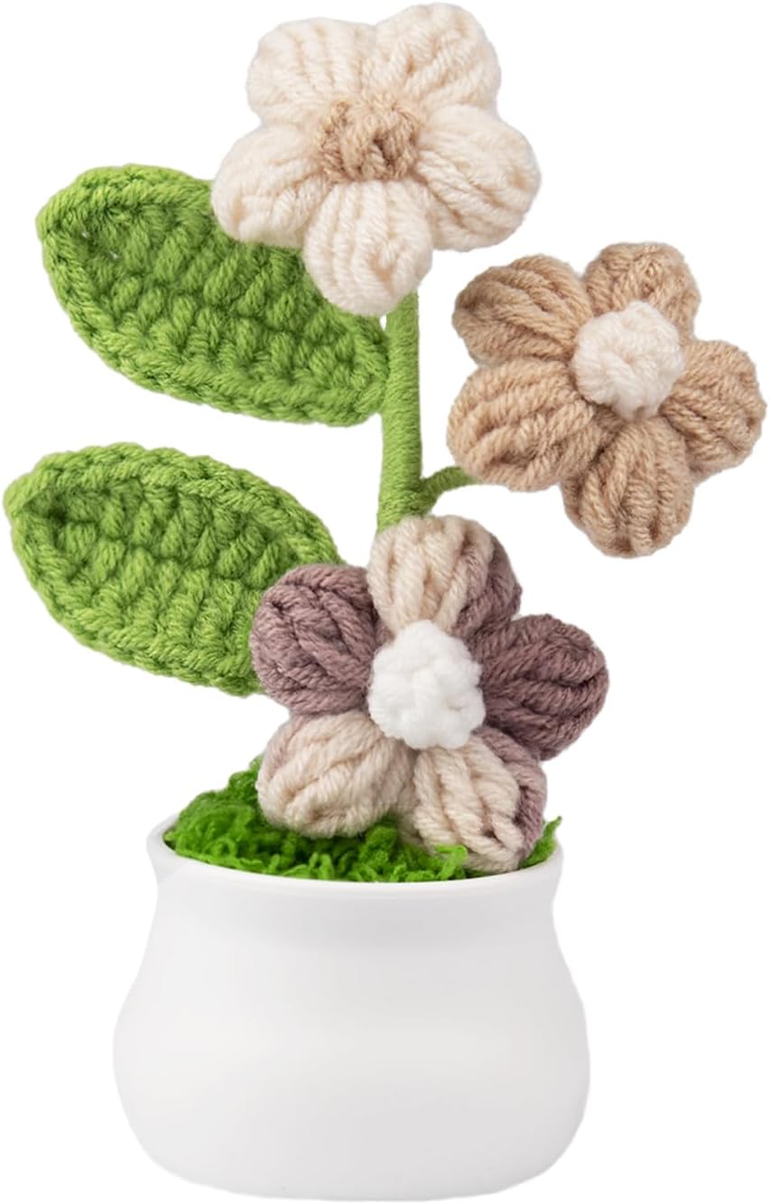 Knitting Crochet Puff Flowers Potted Plants, Gradient Colorful Flowers for Friends, Family and Lover, Handmade Flowers for Home Office Decoration, Car Decoration, Valentine's Gift. (GPink)