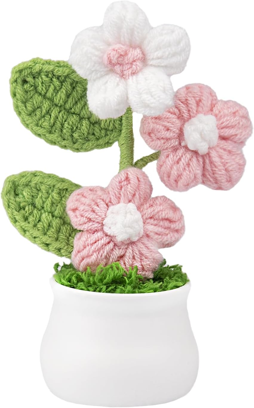 Knitting Crochet Puff Flowers Potted Plants, Gradient Colorful Flowers for Friends, Family and Lover, Handmade Flowers for Home Office Decoration, Car Decoration, Valentine's Gift. (GPink)