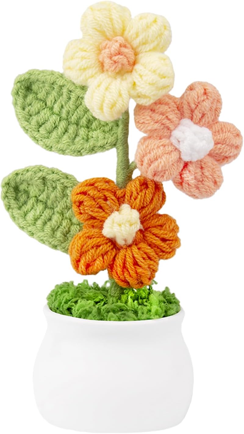 Knitting Crochet Puff Flowers Potted Plants, Gradient Colorful Flowers for Friends, Family and Lover, Handmade Flowers for Home Office Decoration, Car Decoration, Valentine's Gift. (GPink)