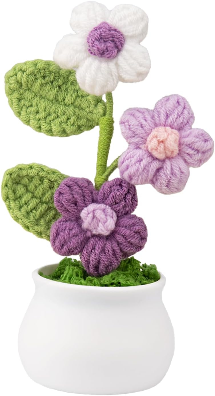 Knitting Crochet Puff Flowers Potted Plants, Gradient Colorful Flowers for Friends, Family and Lover, Handmade Flowers for Home Office Decoration, Car Decoration, Valentine's Gift. (GPink)