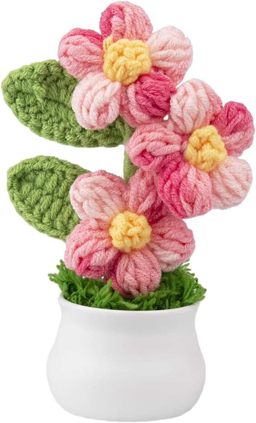 Knitting Crochet Puff Flowers Potted Plants, Gradient Colorful Flowers for Friends, Family and Lover, Handmade Flowers for Home Office Decoration, Car Decoration, Valentine's Gift. (GPink)