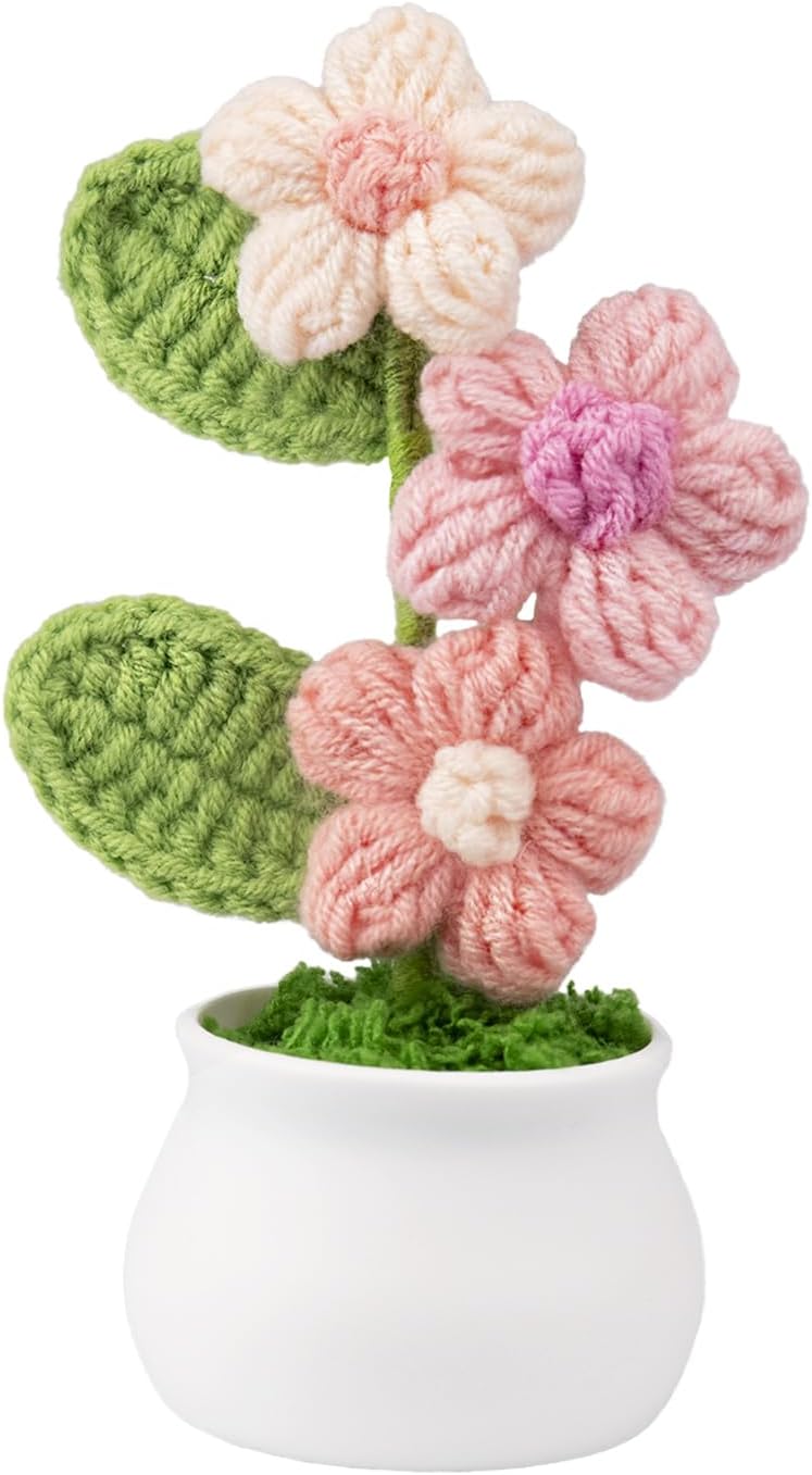 Knitting Crochet Puff Flowers Potted Plants, Gradient Colorful Flowers for Friends, Family and Lover, Handmade Flowers for Home Office Decoration, Car Decoration, Valentine's Gift. (GPink)