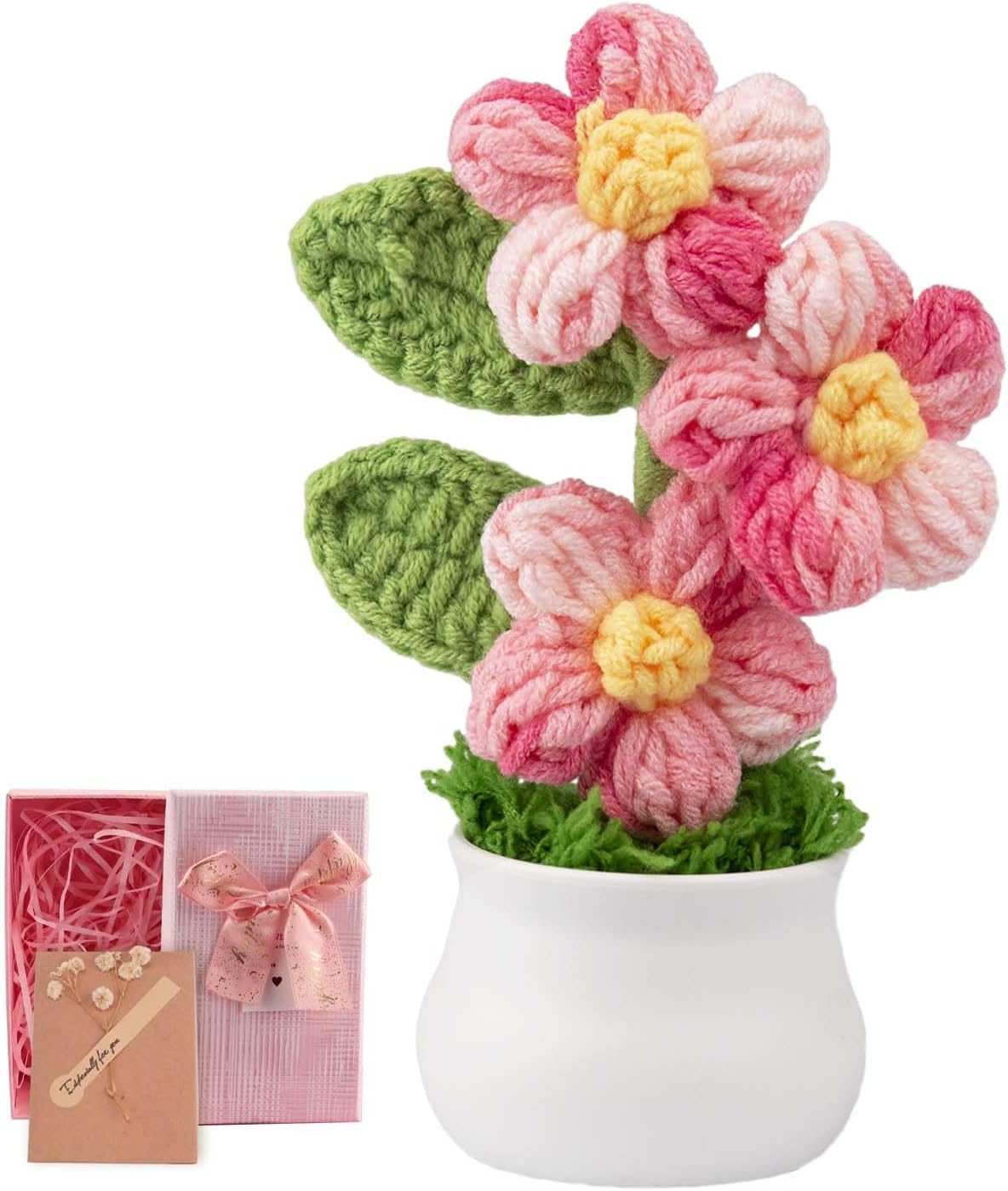 Knitting Crochet Puff Flowers Potted Plants, Gradient Colorful Flowers for Friends, Family and Lover, Handmade Flowers for Home Office Decoration, Car Decoration, Valentine's Gift. (GPink)