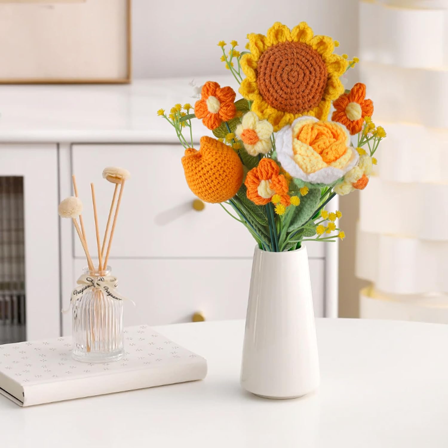 Aeekkya Crochet Flower Bouquet, Handmade Flowers with Sunflower Rose Tulip Flowers, Artificial Flowers for Mom Grandma Wife, Birthday Mother’s Day Anniversary Graduation Gift (Yellow)