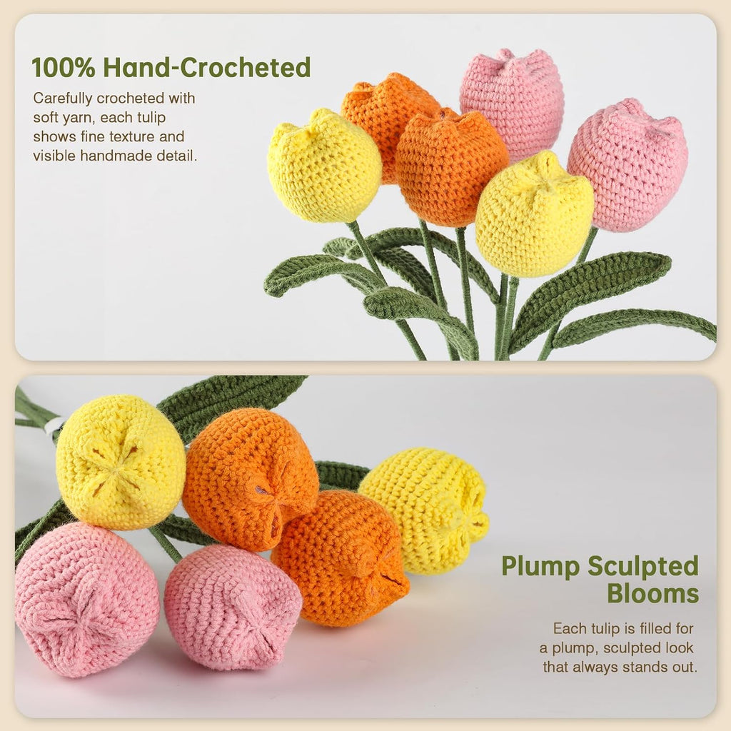 Aeekkya Crochet Tulips Bouquet, Handmade Yarn Flowers, Long Lasting Artificial Crochet Floral Arrangement for Vase, Home or Office Decor, Gift for Mom, Wife, Mother’s Day, Birthday, Anniversary
