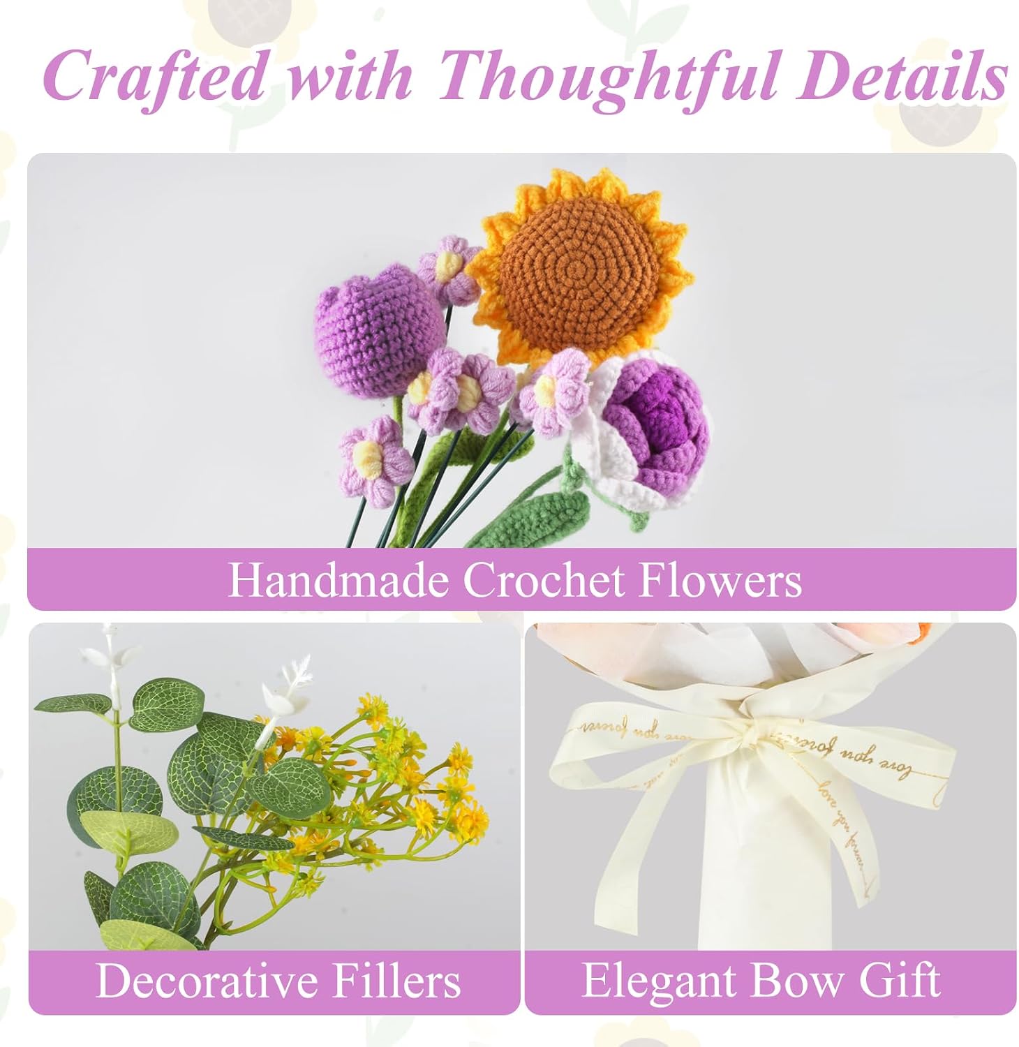 Aeekkya Crochet Flower Bouquet, Handmade Flowers with Sunflower Rose Tulip Flowers, Artificial Flowers for Mom Grandma Wife, Birthday Mother’s Day Anniversary Graduation Gift (Purple)