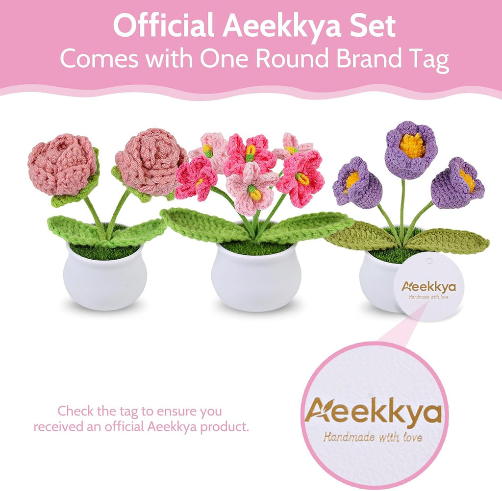 Aeekkya 3pcs Crochet Flowers Pot, Cute Handmade Crochet Flower Desk Decor with Pink Rose, Lily of the Valley, Forget Me Not, Gift for Women, Mom, Teacher, Friend, Birthday, for Her