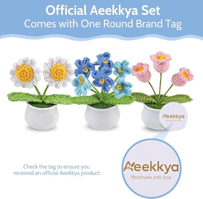 Aeekkya 3pcs Crochet Flowers Pot, Cute Handmade Crochet Flower Desk Decor with Red Rose, Lily of the Valley, Forget Me Not, Gift for Women, Wife, Girlfriend, Birthday, Valentine’s Day, Mother’s Day