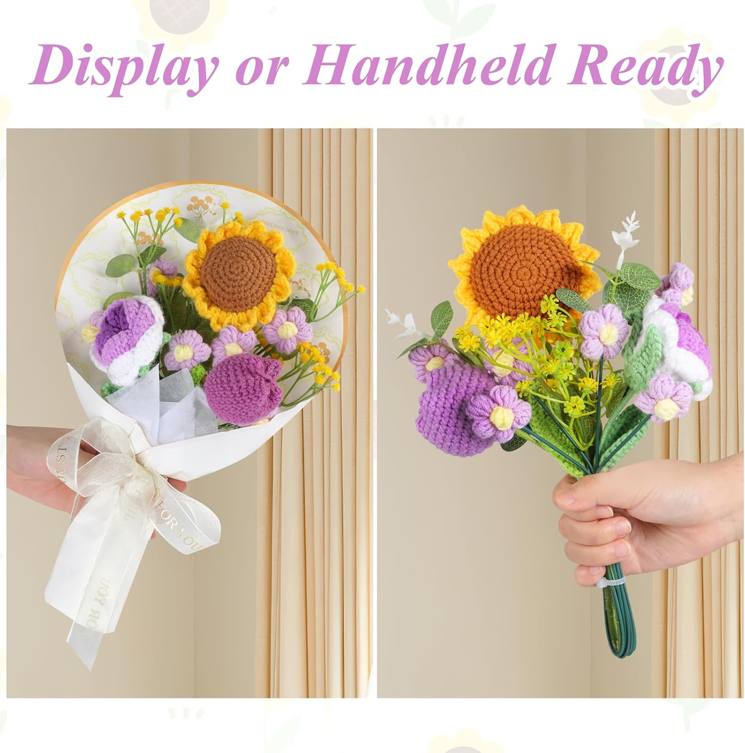 Aeekkya Crochet Flower Bouquet, Handmade Flowers with Sunflower Rose Tulip Flowers, Artificial Flowers for Mom Grandma Wife, Birthday Mother’s Day Anniversary Graduation Gift (Purple)