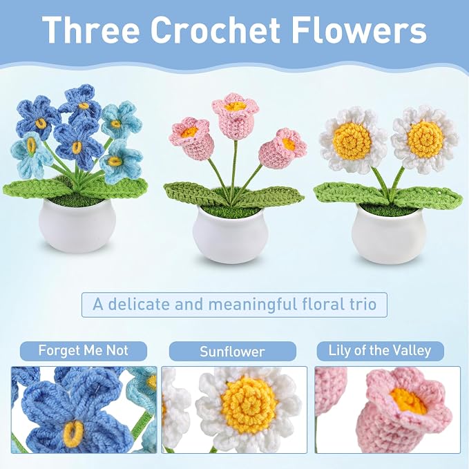 Aeekkya 3pcs Crochet Flowers Pot, Cute Handmade Crochet Flower Desk Decor with Red Rose, Lily of the Valley, Forget Me Not, Gift for Women, Wife, Girlfriend, Birthday, Valentine’s Day, Mother’s Day