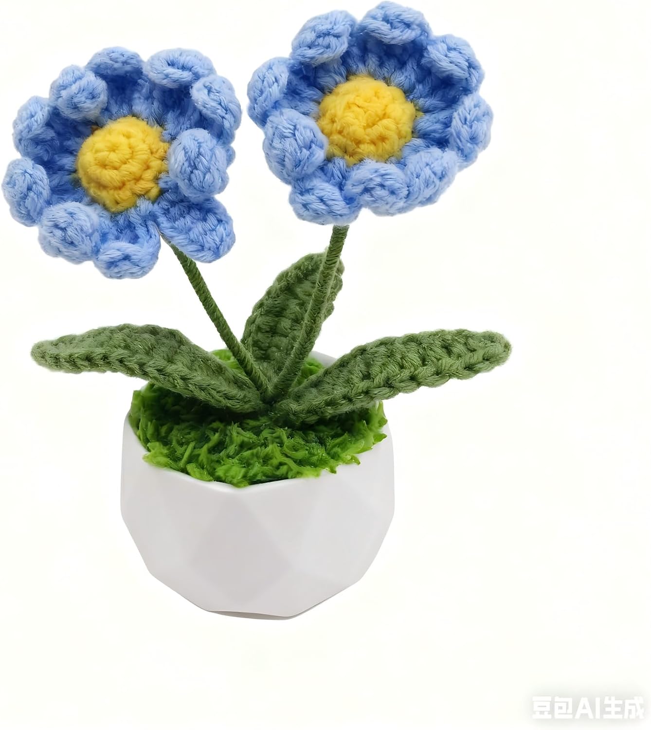 FUCAN Crochet Flowers Hand Crocheted Potted Plants for Birthday Christmas Thanksgiving Decor for Desk Home Office Accessories Decorations (Blue)