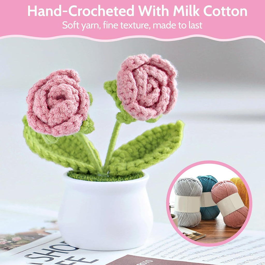 Aeekkya 3pcs Crochet Flowers Pot, Cute Handmade Crochet Flower Desk Decor with Pink Rose, Lily of the Valley, Forget Me Not, Gift for Women, Mom, Teacher, Friend, Birthday, for Her