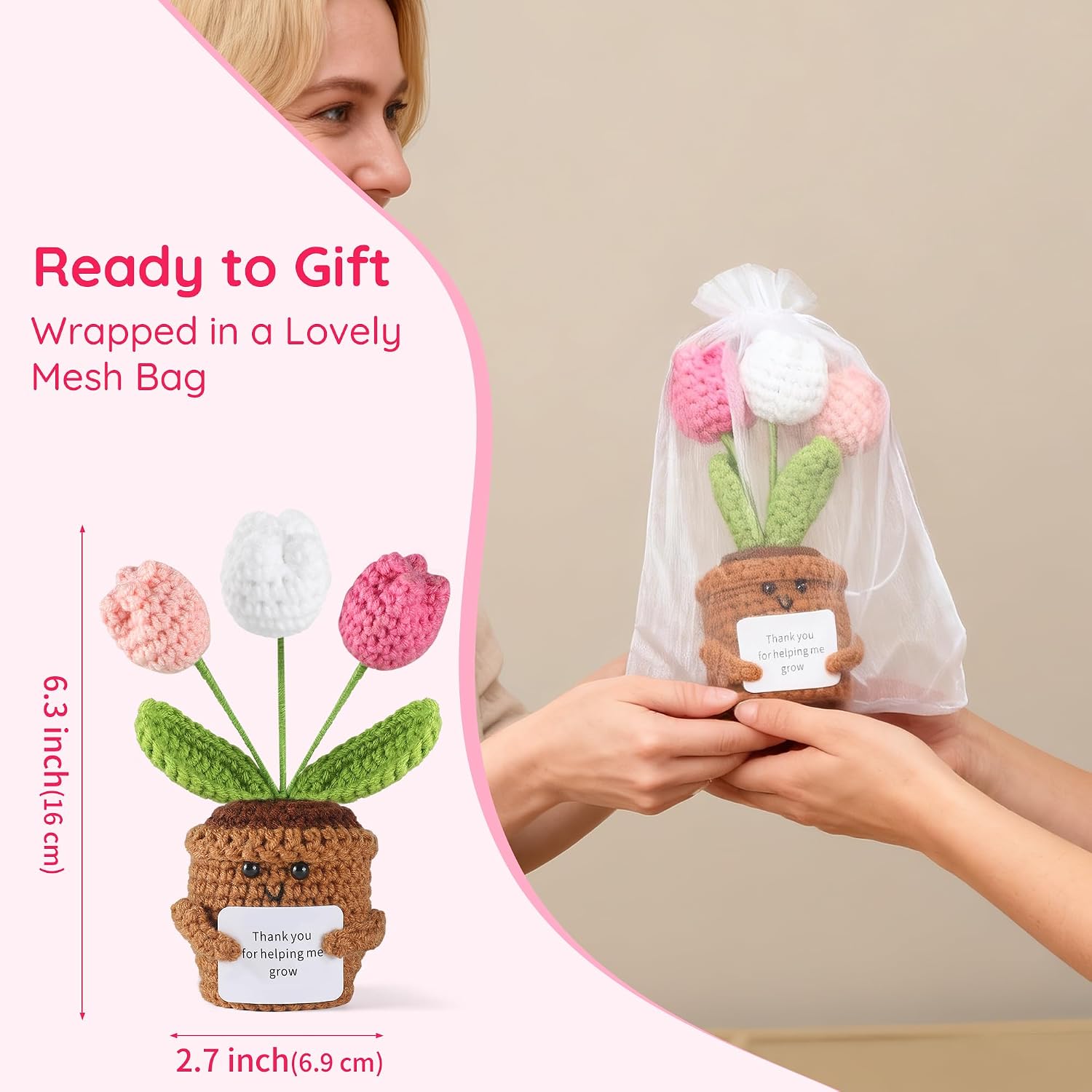 Aeekkya 3pcs Crochet Flowers Pot, Cute Handmade Crochet Flower Desk Decor with Red Rose, Lily of the Valley, Forget Me Not, Gift for Women, Wife, Girlfriend, Birthday, Valentine’s Day, Mother’s Day