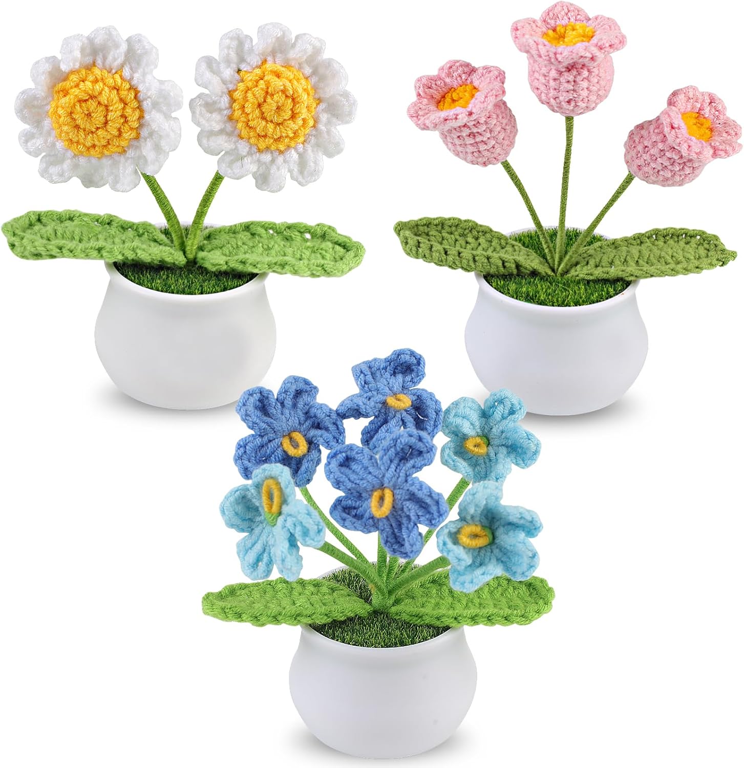 Aeekkya 3pcs Crochet Flowers Pot, Cute Handmade Crochet Flower Desk Decor with Red Rose, Lily of the Valley, Forget Me Not, Gift for Women, Wife, Girlfriend, Birthday, Valentine’s Day, Mother’s Day
