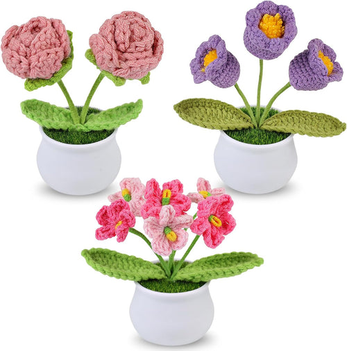 Aeekkya 3pcs Crochet Flowers Pot, Cute Handmade Crochet Flower Desk Decor with Red Rose, Lily of the Valley, Forget Me Not, Gift for Women, Wife, Girlfriend, Birthday, Valentine’s Day, Mother’s Day
