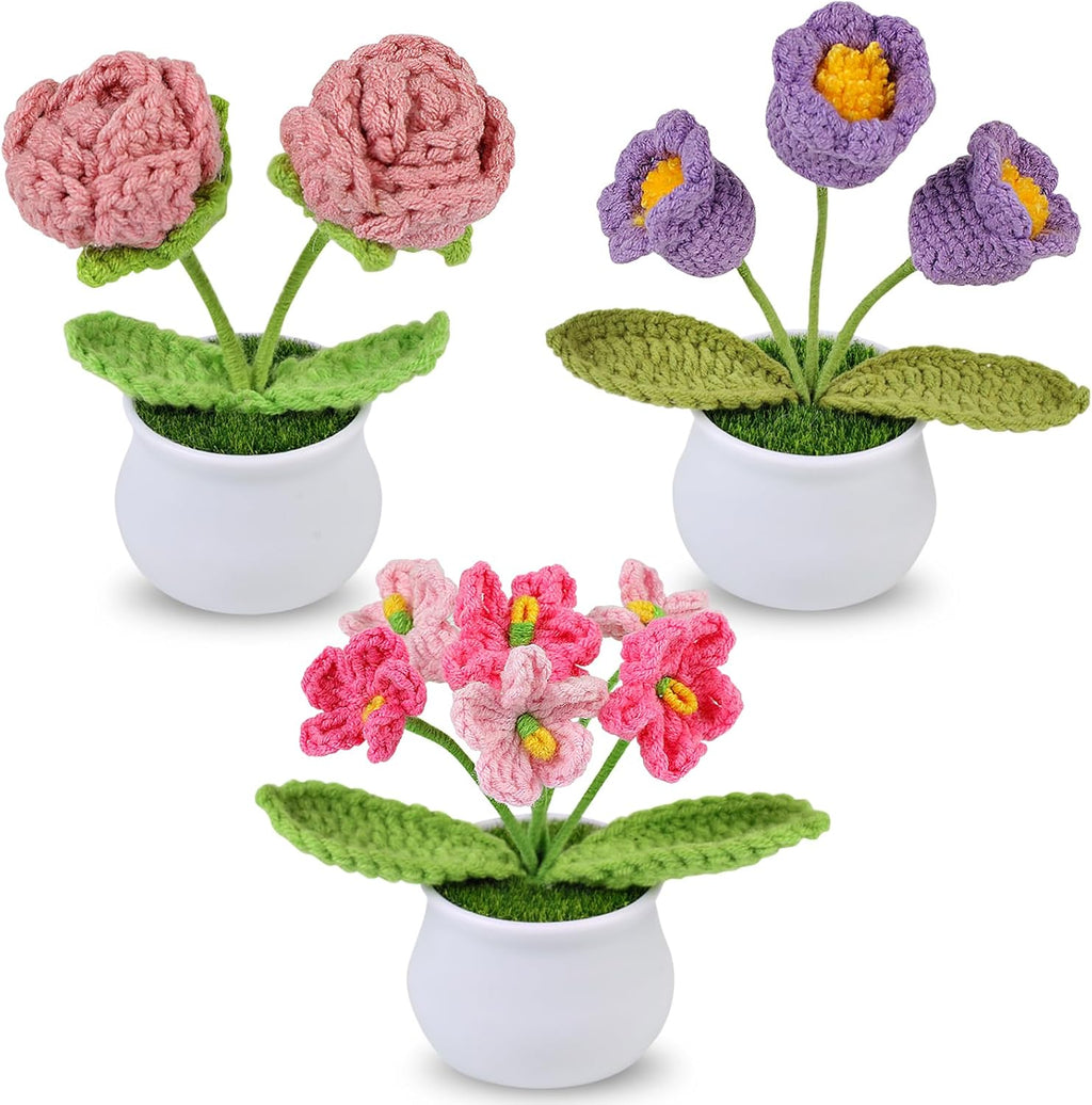 Aeekkya 3pcs Crochet Flowers Pot, Cute Handmade Crochet Flower Desk Decor with Red Rose, Lily of the Valley, Forget Me Not, Gift for Women, Wife, Girlfriend, Birthday, Valentine’s Day, Mother’s Day
