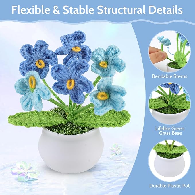Aeekkya 3pcs Crochet Flowers Pot, Cute Handmade Crochet Flower Desk Decor with Red Rose, Lily of the Valley, Forget Me Not, Gift for Women, Wife, Girlfriend, Birthday, Valentine’s Day, Mother’s Day