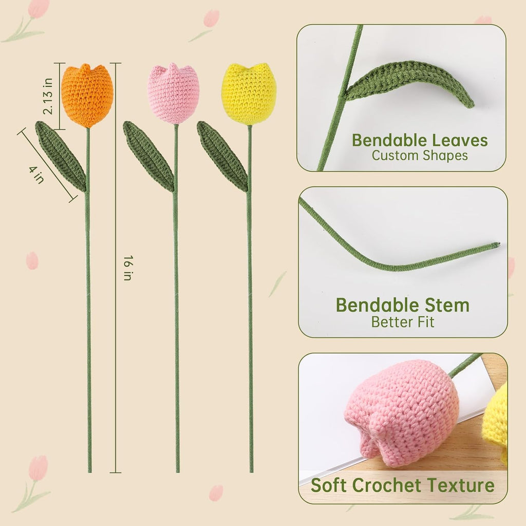 Aeekkya Crochet Tulips Bouquet, Handmade Yarn Flowers, Long Lasting Artificial Crochet Floral Arrangement for Vase, Home or Office Decor, Gift for Mom, Wife, Mother’s Day, Birthday, Anniversary