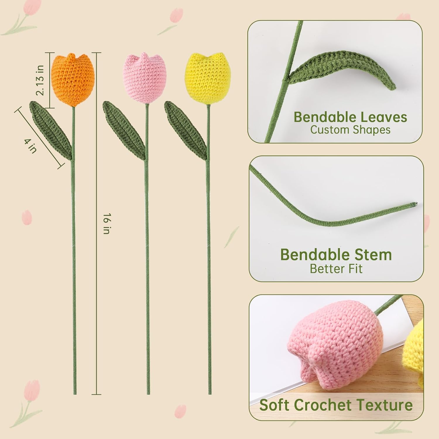 Aeekkya Crochet Tulips Bouquet, Handmade Yarn Flowers, Long Lasting Artificial Crochet Floral Arrangement for Vase, Home or Office Decor, Gift for Mom, Wife, Mother’s Day, Birthday, Anniversary