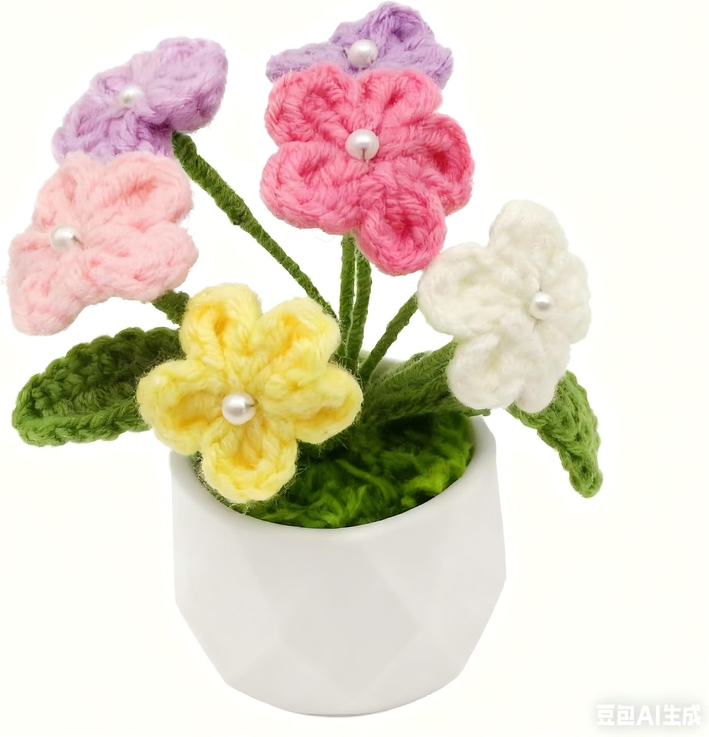 FUCAN Crochet Flowers Hand Crocheted Potted Plants for Birthday Christmas Thanksgiving Decor for Desk Home Office Accessories Decorations (Blue)