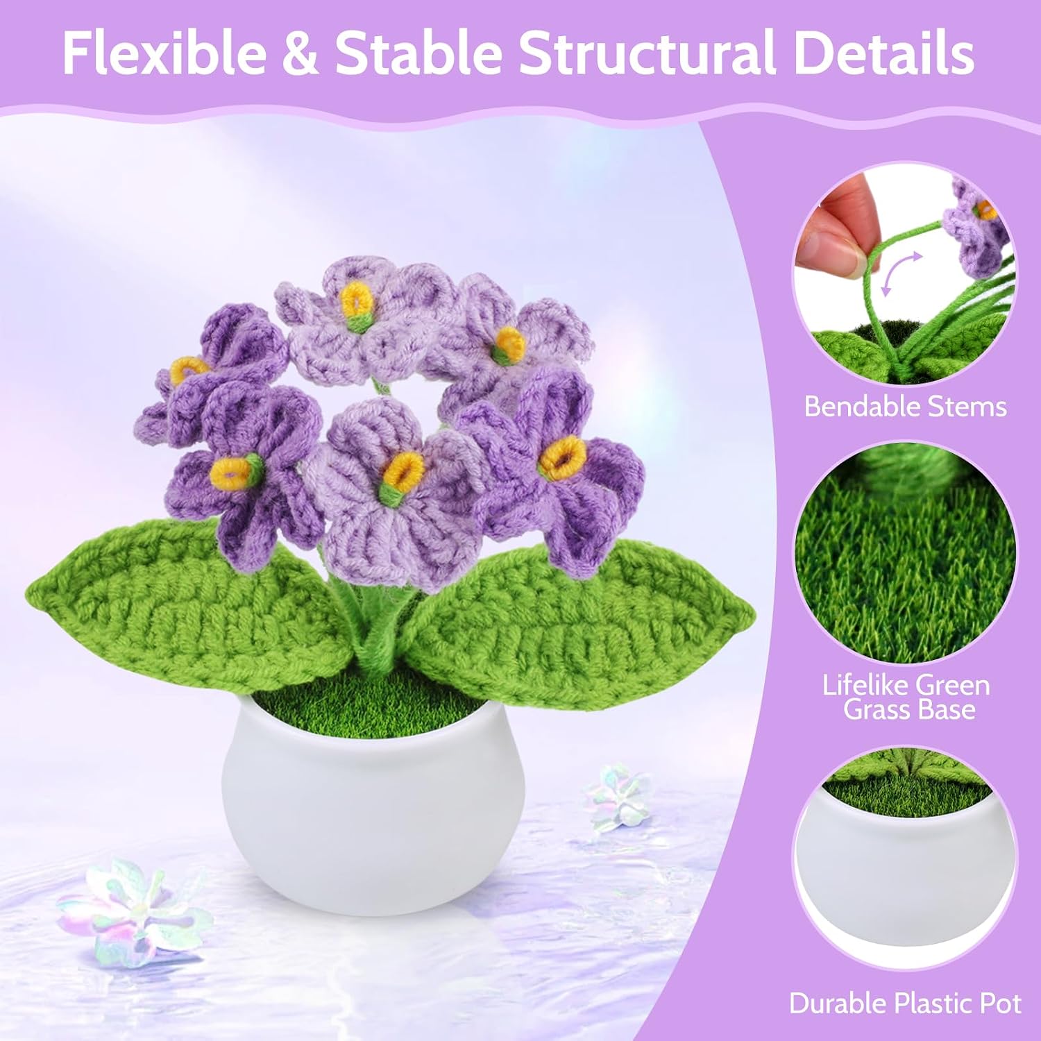 Aeekkya Crochet Flower, Ombre Purple Forget Me Not, Handmade Yarn Crochet Flowers for Women, Teacher, Friend, Mom, Cute Desk Decor Gift for Birthday, Valentine’s Day, Thank You