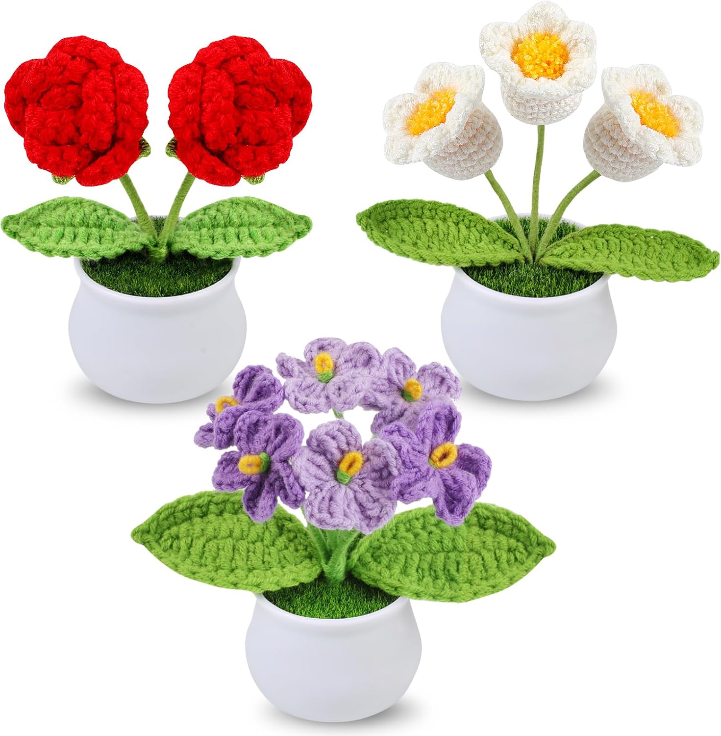 Aeekkya 3pcs Crochet Flowers Pot, Cute Handmade Crochet Flower Desk Decor with Red Rose, Lily of the Valley, Forget Me Not, Gift for Women, Wife, Girlfriend, Birthday, Valentine’s Day, Mother’s Day