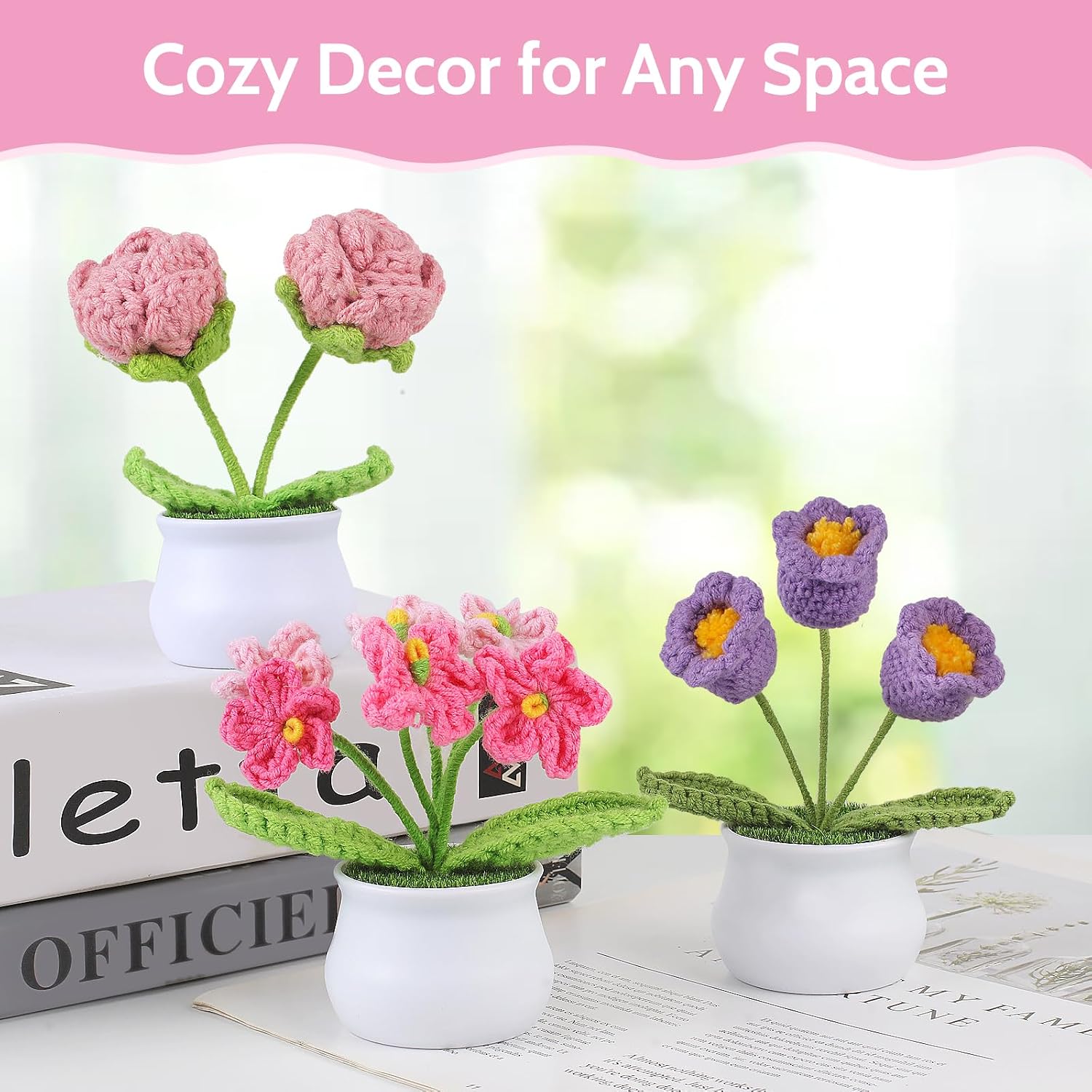 Aeekkya 3pcs Crochet Flowers Pot, Cute Handmade Crochet Flower Desk Decor with Pink Rose, Lily of the Valley, Forget Me Not, Gift for Women, Mom, Teacher, Friend, Birthday, for Her