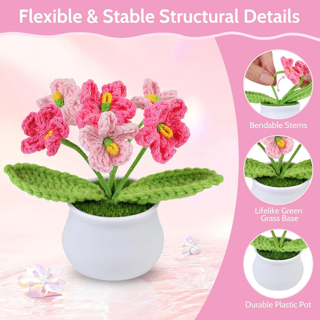Aeekkya 3pcs Crochet Flowers Pot, Cute Handmade Crochet Flower Desk Decor with Pink Rose, Lily of the Valley, Forget Me Not, Gift for Women, Mom, Teacher, Friend, Birthday, for Her