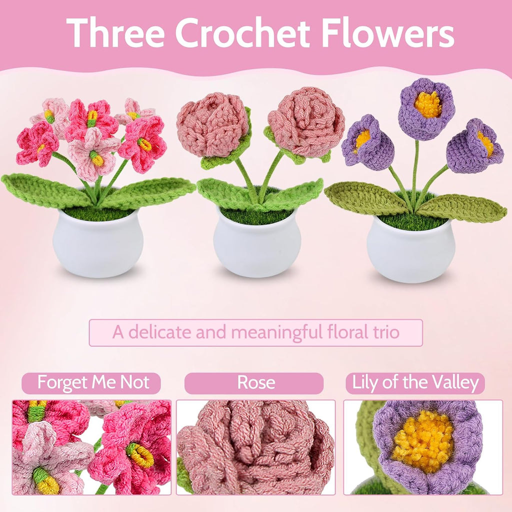 Aeekkya 3pcs Crochet Flowers Pot, Cute Handmade Crochet Flower Desk Decor with Pink Rose, Lily of the Valley, Forget Me Not, Gift for Women, Mom, Teacher, Friend, Birthday, for Her